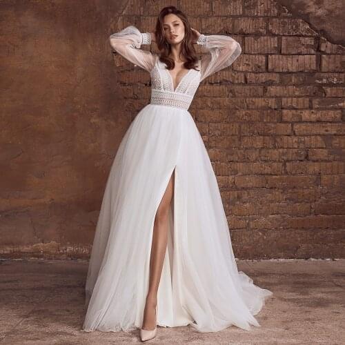 Fashion Side Slit A-Line Lace Wedding Dresses Long Sleeve Sexy V-Neck Sweep TrainTulle White Bridal Gowns Robe De Mariée