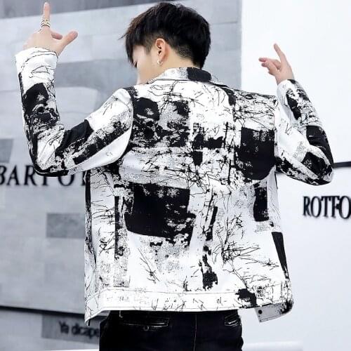 Personality Men Printing Jacket Autumn Long Sleeve Cowboy Outerwear Street Fashion Single Breasted Slim Denim Coat Male