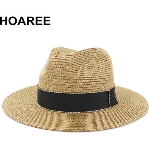 HOAREE Khaki Men Panama Hat Straw Fedora Male Sunhat Women Summer Beach Sun Visor Cap Chapeau Vintage Jazz Trilby Cap Sombrero
