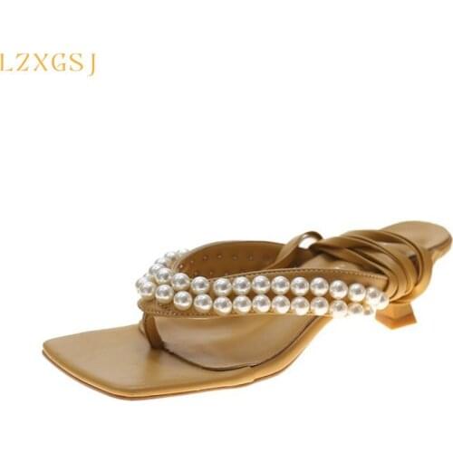 Bead High Heels Slippers Womens Shoes Cross Tied Open Toe Female Sandals Summer 2021 Square Fashion Flip Flop For Woman Sandals