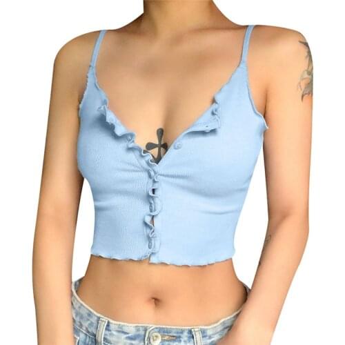 Women Stappy Tank Top Ruched Frilly Tanks Sleeveless Summer Vest Ruffles Button Design Crop Top Ribbed Solid Color Female Tops