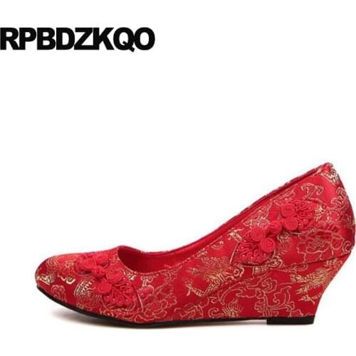 Red medium heels satin size 4 34 2018 pumps bride flower wedge women round toe high wedding shoes bridal embroidered embroidery