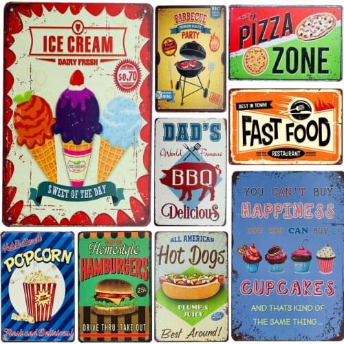 Ice Cream Hamburger Hot Dog Pizza Vintage Metal Tin Signs Dad BBQ Fries Cupcake Fast Food Wall Decor for Kitchen Cafe 20*30cm