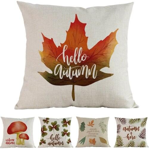 Hello Autumn Golden Yellow Fallen Leaves Mature Fruit Mushroom Pattern Print Pillow Case Home Sofa Car Decorative Cushion Cover