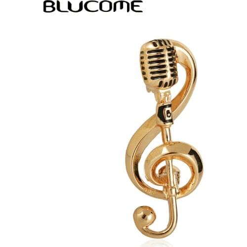 Blucome Music Note Gold Microphone Shape Brooches For Women Men Singer Club Badge Clothes Accessories Rock Brooch Pins Gifts
