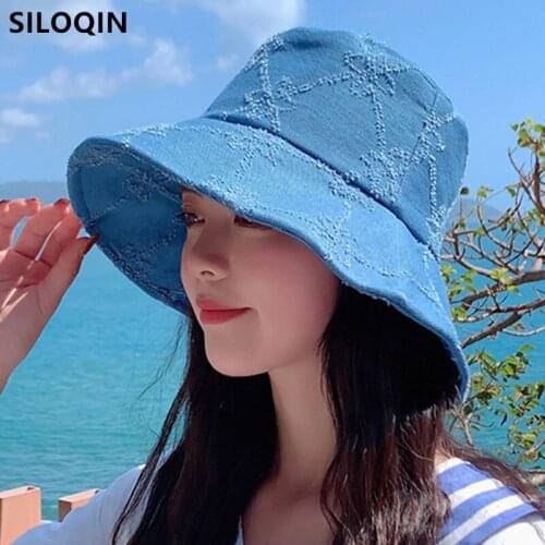 SILOQIN Spring Summer Womens Panama Hat Retro Denim Bucket Hats Foldable Washable Casual Sunscreen Tourist Ladies Beach Hat New