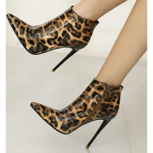 Leopard Print Patent Leather Women Autumn Winter Ankle Boots Sexy 12CM Super High Heel Thin Bottom Ladies Boots Party High Heels
