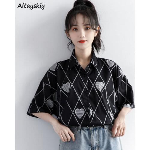 Shirts Women Print Summer Turn Down Collar Design Simple All-match Soft Aesthetic Tops Leisure Elegant Popular Vintage Tender