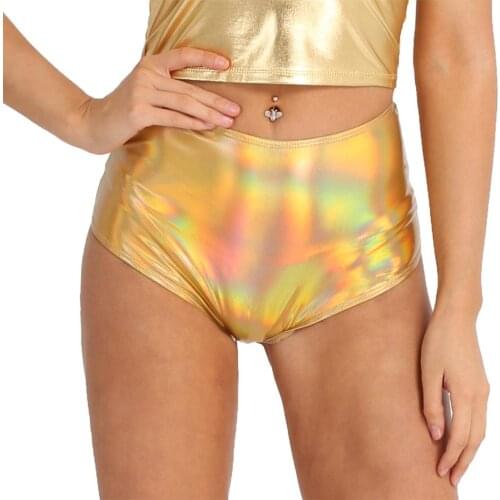 Womens Pole Dance Rave Shorts Music Festival Clothing Shiny Metallic Faux Leather Zipper High Waist High Cut Rave Party Shorts