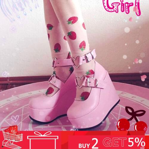 Brand Design Dropship Sweet Lolita Style Gothic Cosplay Black Pink Cozy Wedges Mary Jane High Heels Pumps Platform Shoes Woman