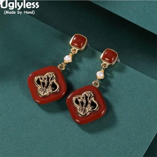 Uglyless Handmade Hollow Lotus Flowers Bamboo Women Vintage Clover Earrings Gold inlaid Agate Jewelry Natural Pearls Earrings