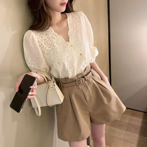 Set female 2021 summer new V collar shirt + high waist shorts temperament two-piece Hollow Out Summer
