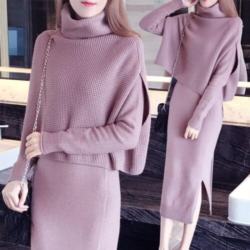 Womens sweater set NewAutumn Winter Fashion Women Bottoming sweaterTops A-Line dress Knit 2Piece Set Ladies Casual Knitted Suit