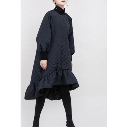 Womens Quilted Padded Long Sleeve Dress Asymmetric Ruffle Hem Blouse Top