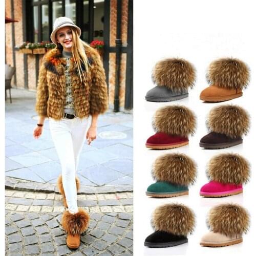 2020 Fashion 100% Cowhide Leather + Raccoon Fur Boot Woman snow boots winter Leather fox fur snow boots