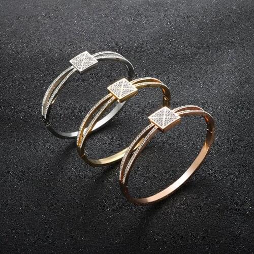 2021 New Square Zircon Crystal Bracelet Double layer Lovers Classic Style Bracelets Stainless Steel Golden Women Bangles Jewelry