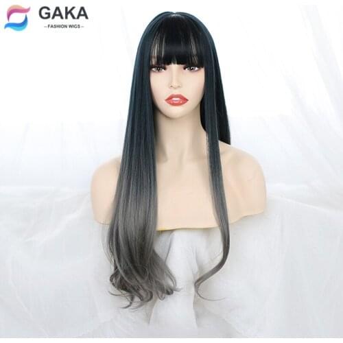 GAKA Ombre Grey Blue Long Synthetic Wigs 26 Inches Natural Wavy Womens Wig with Bangs Korean Japanese Lolita Cosplay Hair