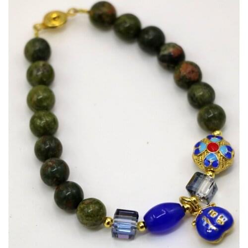 Hot sale natural unakite 8mm round beads bracelets for women gifts crystal cast eyes cloisonne unique diy jewelry 7.5inch B2943