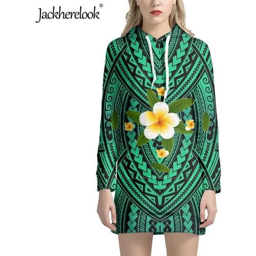 Jackherelook Polynesian Tribal Hawaii Hibiscus Plumeria Print Ladies Pullover Sweatshirts Long Dresses With Pocket Hoodies Mujer