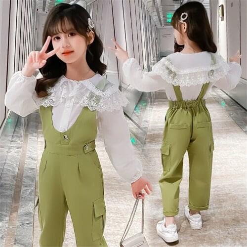 Girls Clothing Sets Spring Teenage Girl Two Piece Set Plaid Shirt And Jumpsuits Pants Kids Suits Children Clothes For 4-12Year