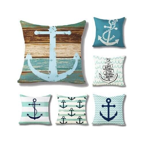 Blue Anchor Sailor Sailing American Ocean Style Linen Pillow Case Home Sofa Living Room Fashionable Mediterranean Cushion
