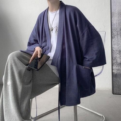 Chinese Style Men Retro Fashion Loose Cardigan Jackets Coat Tops Robe Japanese Harajuku Kimono Asian Oriental Clothing 30203