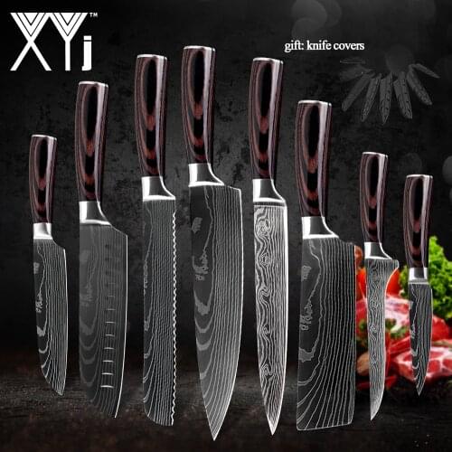 XYj Kitchen Knife Set Damascus Laser Chef Knife Sets Slicing Santoku Boning Utility Paring Knife Stainless Steel Blade Tools