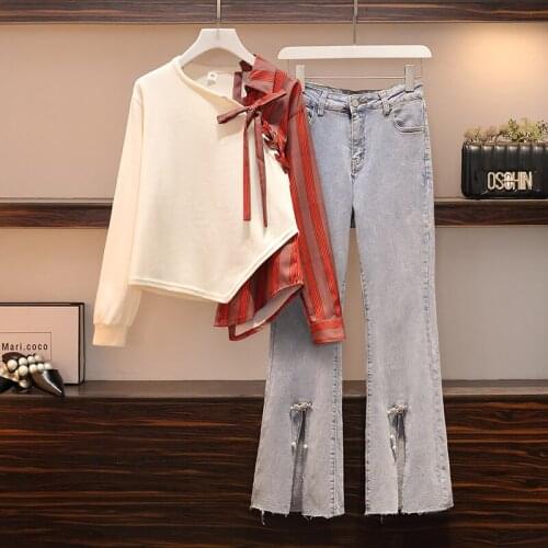 Large size autumn personalized suit 2020 new long-sleeved striped shirt top and casual beaded pants basic Korean two piece setst