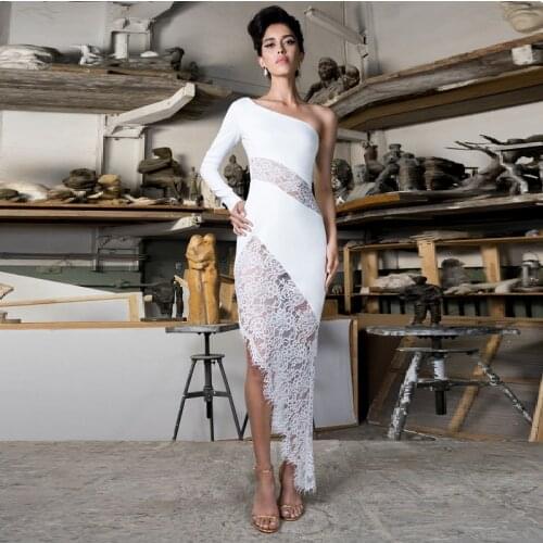 New Fashion hot Selling One Shoulder Bandage With Lace Elegant Wedding Party Bridesmaid Midi Dress Wholesale Online