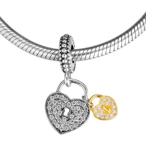 Fits for Pandora Charms Bracelets Love Locks Beads with 14k Real Gold 100% 925 Sterling Silver Jewelry Free Shipping