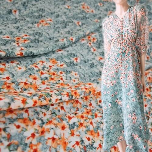 Half Meter High Grade Lake Blue Orange Flower Print Chiffon Fabric For Dress Shirt Girl Garment No Transparent T1622