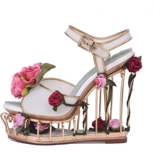 Luxury Bird Cage Wedge Heels Sandals Rose Flower PVC Strap Weddding Sandals Female Fretwork Platform Sandalias Shoes for Women