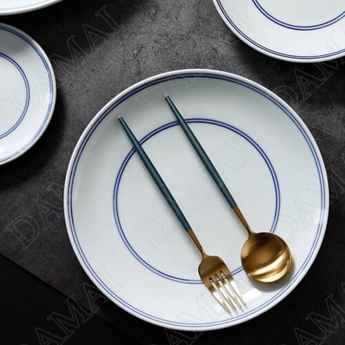 Hand Painted Ceramics Plate Blue and White Porcelain Round Platter Desktop Main Course Breakfast Fruit Salad Plate Tableware