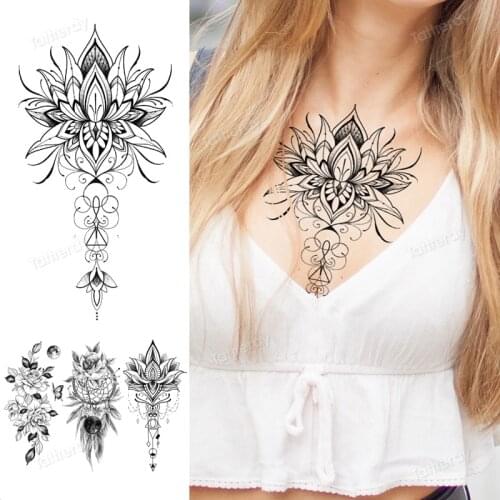 Sexy tatoo for women chest tattoo underboob body art adult tattoo mandala fake black henna lace jewery tattoos flowers lotus