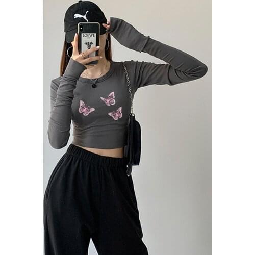 Butterfly Crop Top Shirt Women Cartoon Vintage Jogging Cotton Hip Hop Two-piece Suits Girls Clothes Aesthetic Harajuku T Shirt