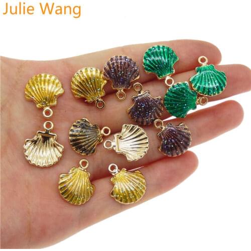 Julie Wang 15pcs Gold Tone Enamel Sequin Shell Charms Bracelet Necklace Alloy Pendant Women Handmade Jewelry Making Accessory