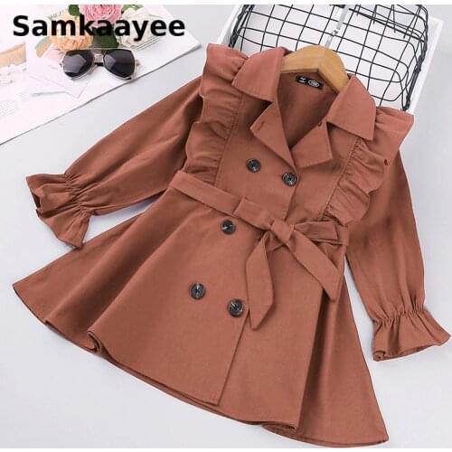 3-9y Girls Trench Spring Autumn Kids Long Jacket Baby Windbreaker Childrens Belt Solid Coats Double-breasted Falbala Clothing 4