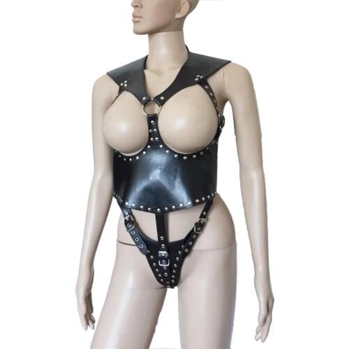 Women PU Leather Cupless Teddy Bodysuit with Metal Studs Open Body Restraint Mistress Fetish Erotic Play Costume