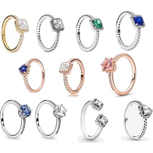 2021 New Free Shipping 925 Sterling Silver Sparkling Blue Crown Elevated Heart Rings For Women European Original DIY Jewelry