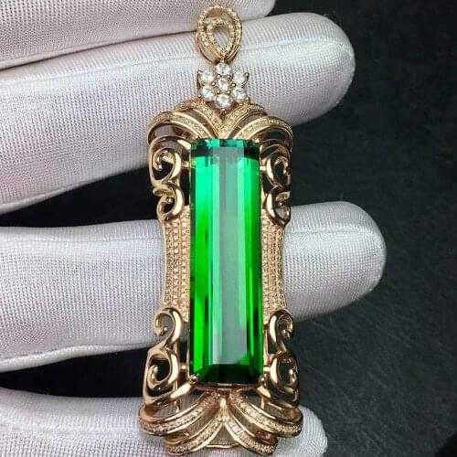 Fine Jewelry Real 18 K 100% Natural Green Tourmaline 28.5ct Brazil Origin Diamonds Gemstone Diamond Womens Pendants Necklaces