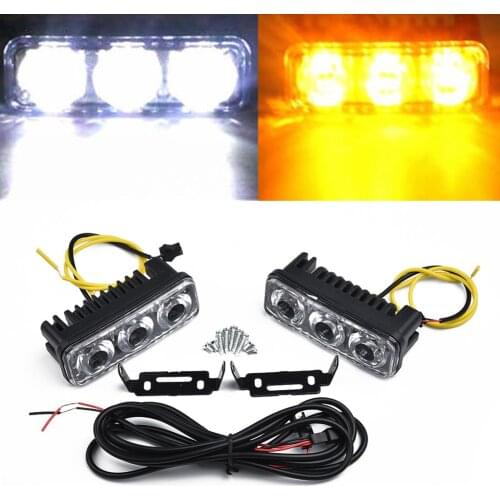 2Pcs Car Daytime Running Lights 3-LED White DRL Amber Auto Front Fog Lamp Worklight Automobile Accessories