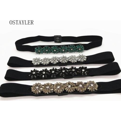 2019 Luxury Autumn Green White Glass Rhinestone Waistband Strap Elastic Flower Crystal Bead Waist Belt Caestus Female Dress Belt