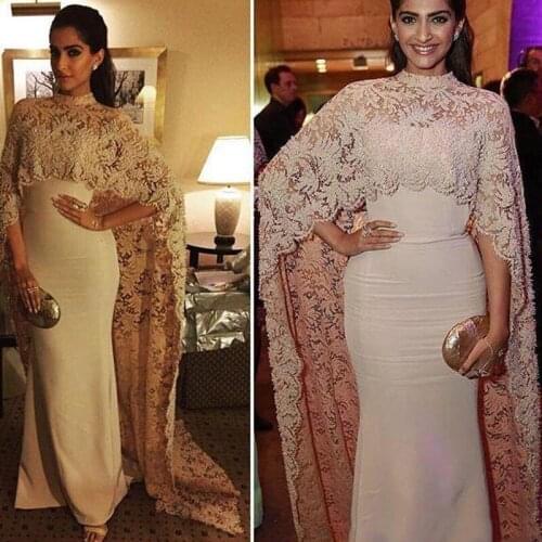 2020 High Neck Dubai Muslim Arabic Kaftan with Lace Cape Evening Dresses Formal Gowns Long Celebrity Prom Dress