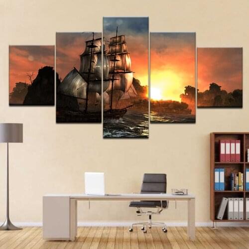Canvas Paintings Home Decor Framed HD Prints Posters 5 Pieces Sunset Blue Sea Sailboat Waves Scape Pictures Living Room Wall Art