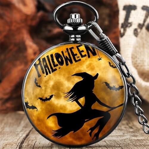 Classic Halloween Series Themed Quartz Pocket Watch Vintage Printed Pendant Pocket Watch with 30 cm Fob Chain