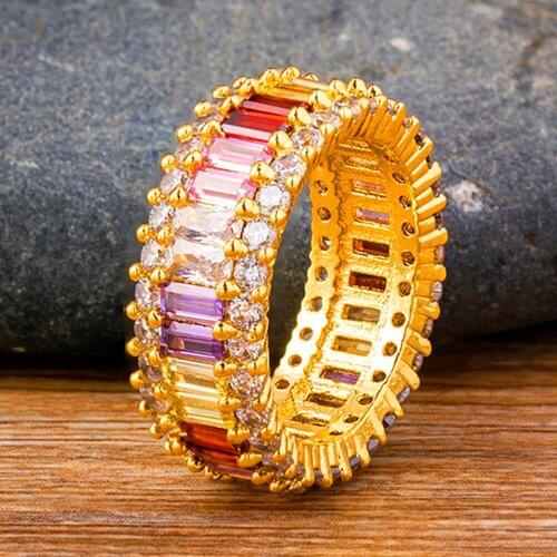 Fashion Copper AAA Cubic Zirconia CZ Gold Ring Bohemian Colorful Rainbow Rings Charm Party Wedding Engagement Jewelry For Women
