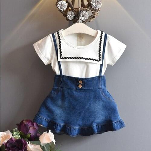 Girls Sets 2020 Summer New Childrens Wear Girls Fashion Cotton Short-Sleeved T-Shirt + Ruffled Denim Skirt Suit