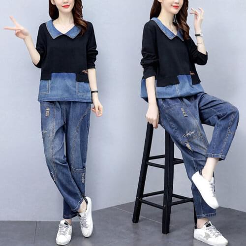 2021 New Loose Single/Set Large Size Womens Cowboy Suit Ladies Spring And Autumn Denim Female Two-Piece Long Sleeve Top L751