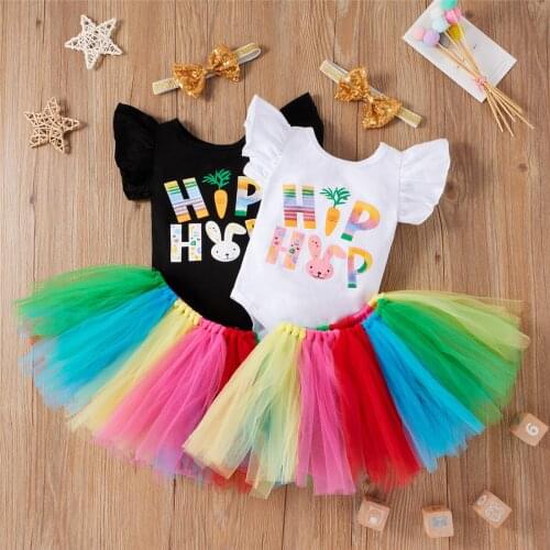 2021 0-24M Girl 3pcs Summer Clothes Set Cute Cartoon Bunny Letter Printed Ruffle Short Sleeve Romper with Colorful Tulle Skirt