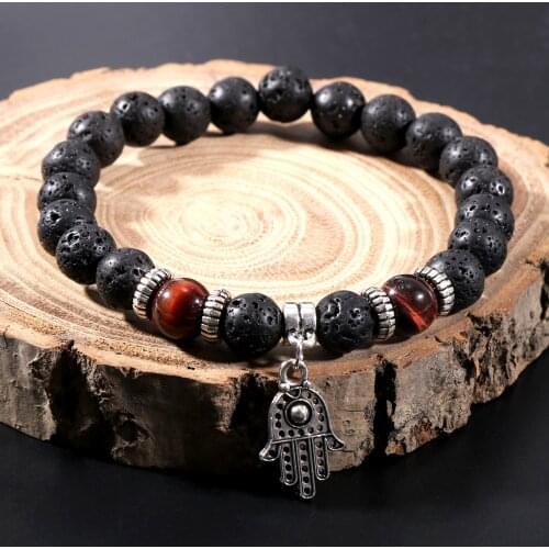 Men 8mm Natural Stone Bracelet Red Green Tiger Eye Lava Rock Lapis Lazuli Bead Fatima Hand Charm Bangle Cuff Wrist Chain Jewelry